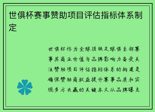 世俱杯赛事赞助项目评估指标体系制定